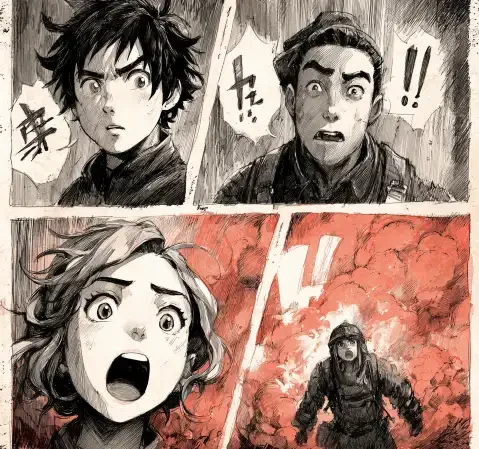 冒险热血漫画封面，少年在荒野中眺望远方